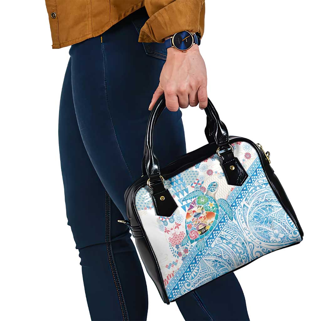 Hawaiian and Japanese Culture Together Shoulder Handbag Tropical Honu with Japanese Elements Blue Color