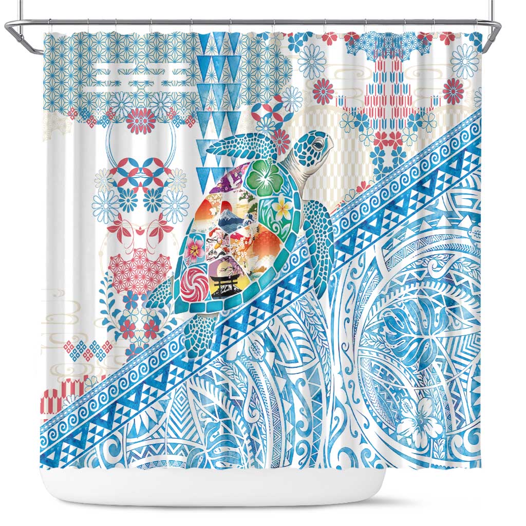 Hawaiian and Japanese Culture Together Shower Curtain Tropical Honu with Japanese Elements Blue Color