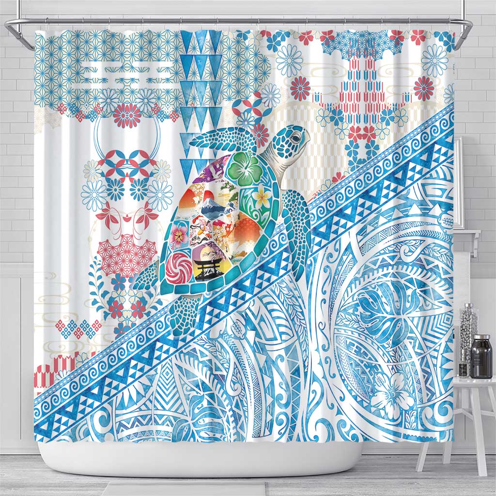 Hawaiian and Japanese Culture Together Shower Curtain Tropical Honu with Japanese Elements Blue Color