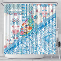 Hawaiian and Japanese Culture Together Shower Curtain Tropical Honu with Japanese Elements Blue Color