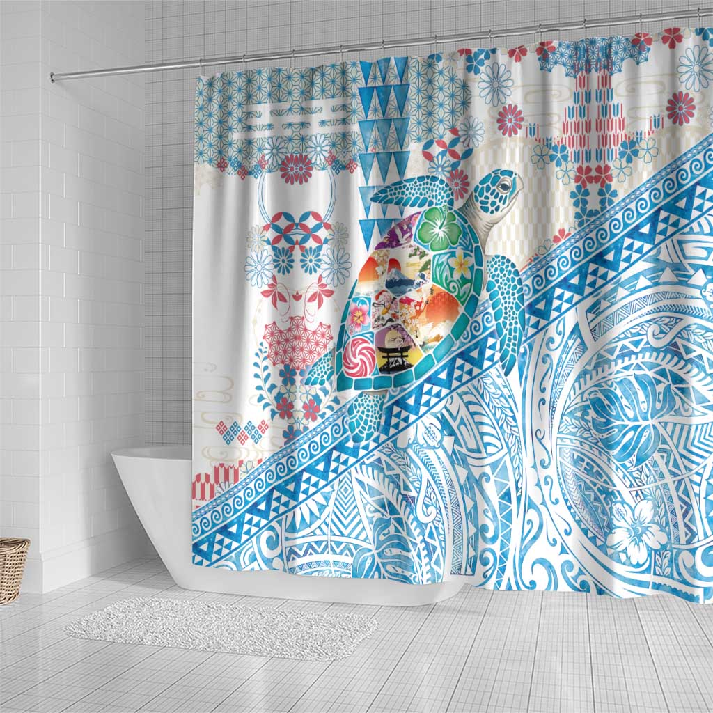 Hawaiian and Japanese Culture Together Shower Curtain Tropical Honu with Japanese Elements Blue Color