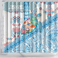 Hawaiian and Japanese Culture Together Shower Curtain Tropical Honu with Japanese Elements Blue Color