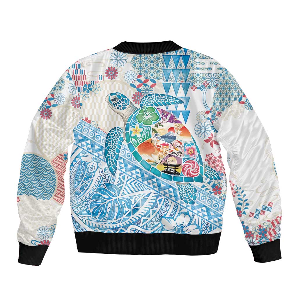Hawaiian and Japanese Culture Together Sleeve Zip Bomber Jacket Tropical Honu with Japanese Elements Blue Color LT03 - Polynesian Pride