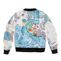 Hawaiian and Japanese Culture Together Sleeve Zip Bomber Jacket Tropical Honu with Japanese Elements Blue Color LT03 - Polynesian Pride