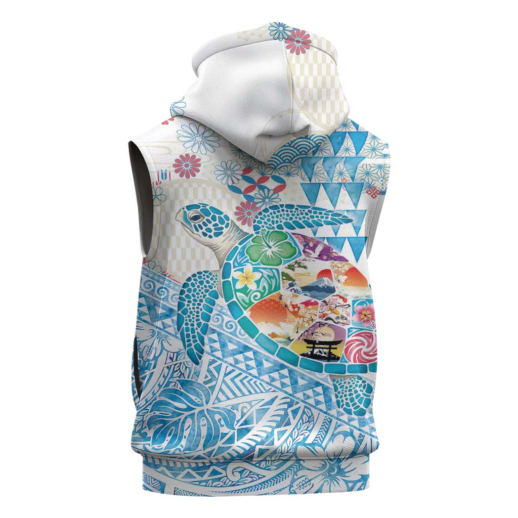 Hawaiian and Japanese Culture Together Sleeveless Hoodie Tropical Honu with Japanese Elements Blue Color
