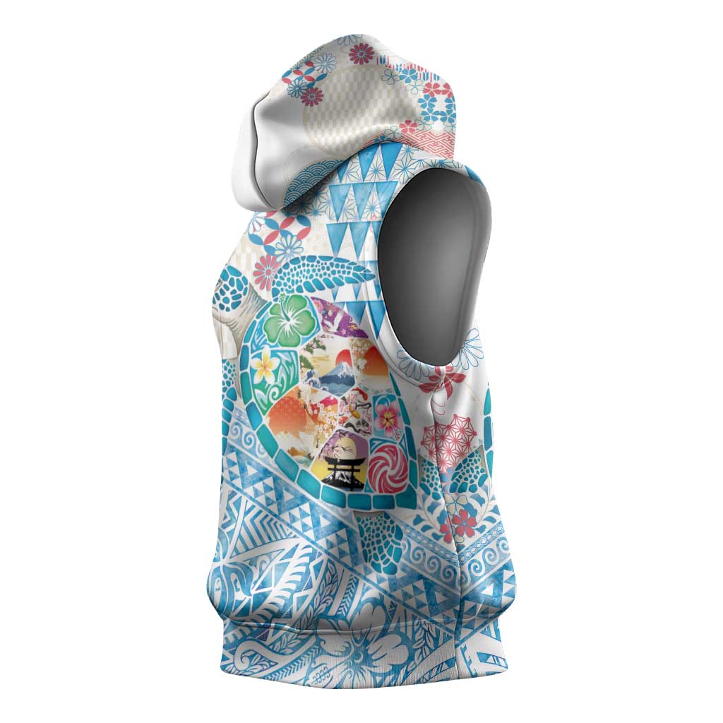 Hawaiian and Japanese Culture Together Sleeveless Hoodie Tropical Honu with Japanese Elements Blue Color
