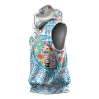 Hawaiian and Japanese Culture Together Sleeveless Hoodie Tropical Honu with Japanese Elements Blue Color