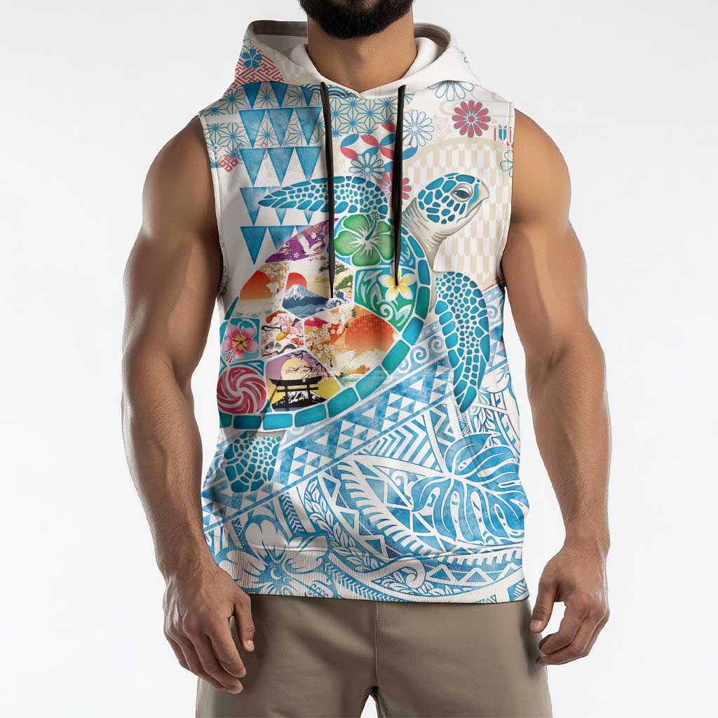 Hawaiian and Japanese Culture Together Sleeveless Hoodie Tropical Honu with Japanese Elements Blue Color