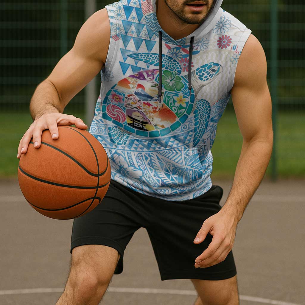 Hawaiian and Japanese Culture Together Sleeveless Hoodie Tropical Honu with Japanese Elements Blue Color