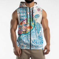 Hawaiian and Japanese Culture Together Sleeveless Zip Hoodie Tropical Honu with Japanese Elements Blue Color