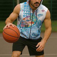 Hawaiian and Japanese Culture Together Sleeveless Zip Hoodie Tropical Honu with Japanese Elements Blue Color