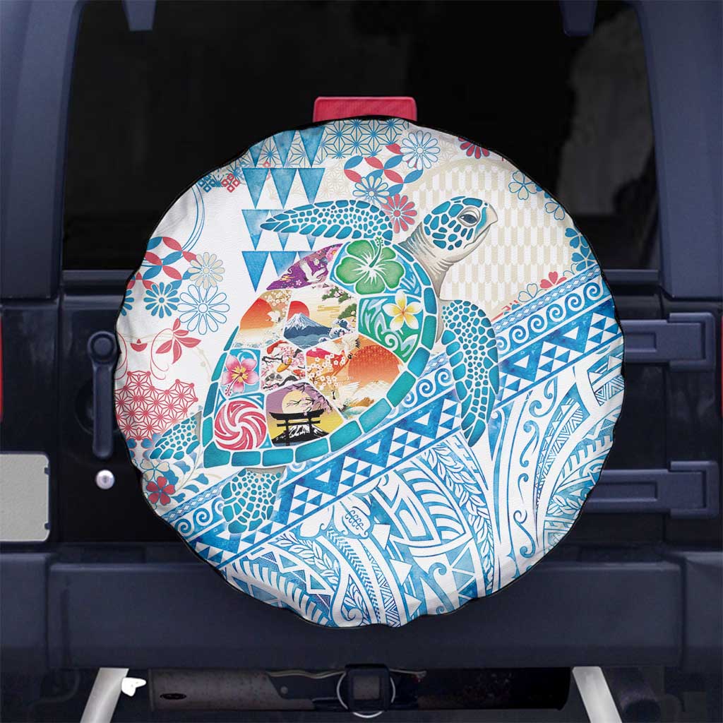 Hawaiian and Japanese Culture Together Spare Tire Cover Tropical Honu with Japanese Elements Blue Color