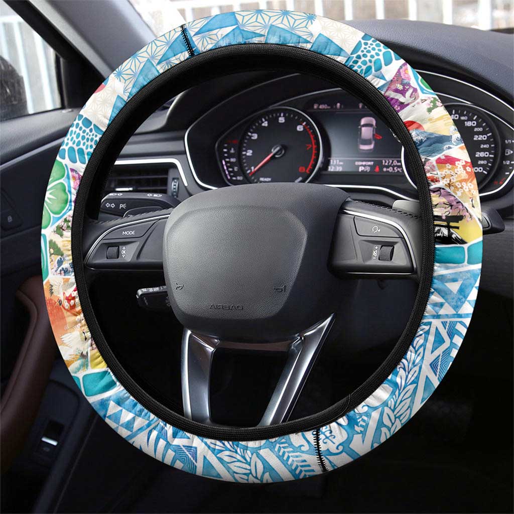 Hawaiian and Japanese Culture Together Steering Wheel Cover Tropical Honu with Japanese Elements Blue Color