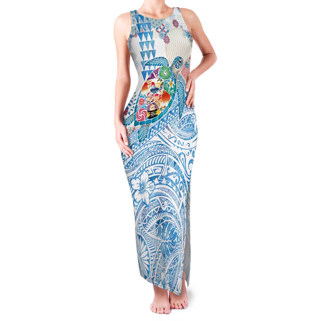 Hawaiian and Japanese Culture Together Tank Maxi Dress Tropical Honu with Japanese Elements Blue Color
