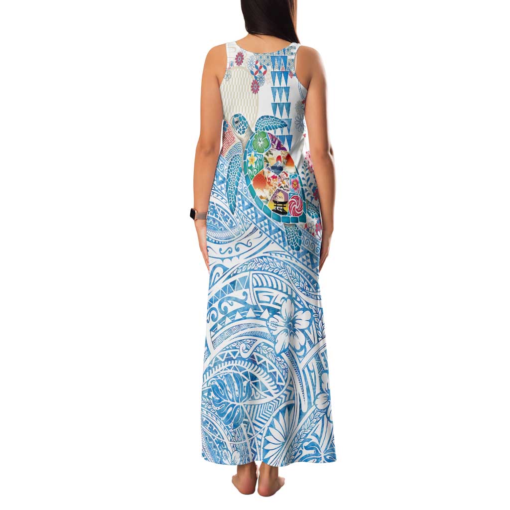 Hawaiian and Japanese Culture Together Tank Maxi Dress Tropical Honu with Japanese Elements Blue Color
