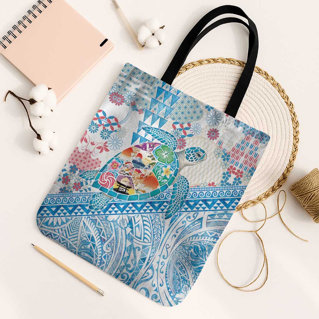 Hawaiian and Japanese Culture Together Tote Bag Tropical Honu with Japanese Elements Blue Color