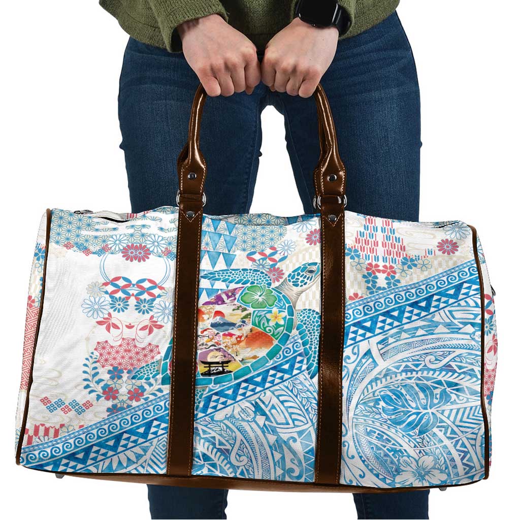 Hawaiian and Japanese Culture Together Travel Bag Tropical Honu with Japanese Elements Blue Color