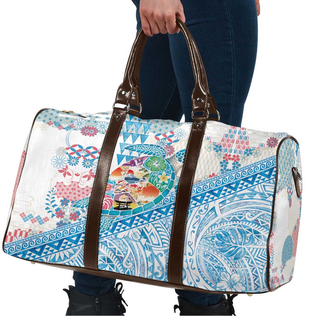 Hawaiian and Japanese Culture Together Travel Bag Tropical Honu with Japanese Elements Blue Color