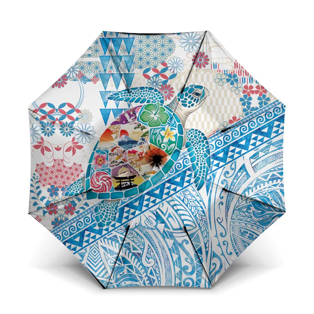 Hawaiian and Japanese Culture Together Umbrella Tropical Honu with Japanese Elements Blue Color