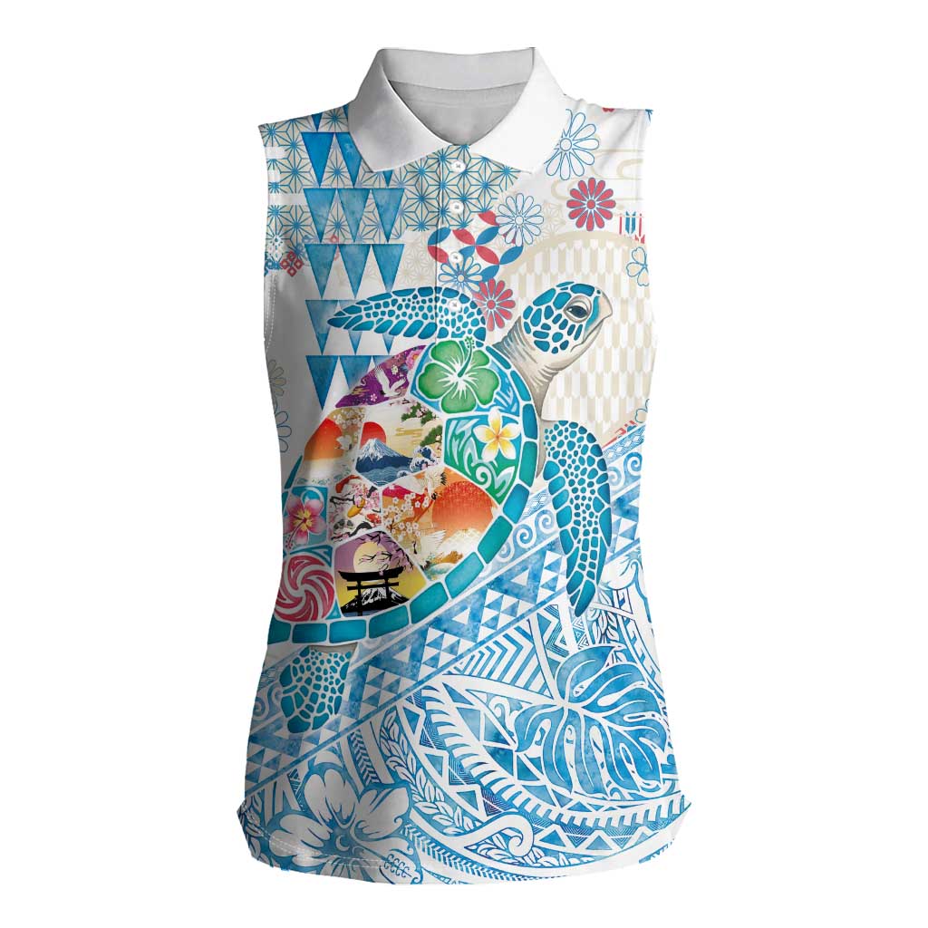 Hawaiian and Japanese Culture Together Women Sleeveless Polo Shirt Tropical Honu with Japanese Elements Blue Color