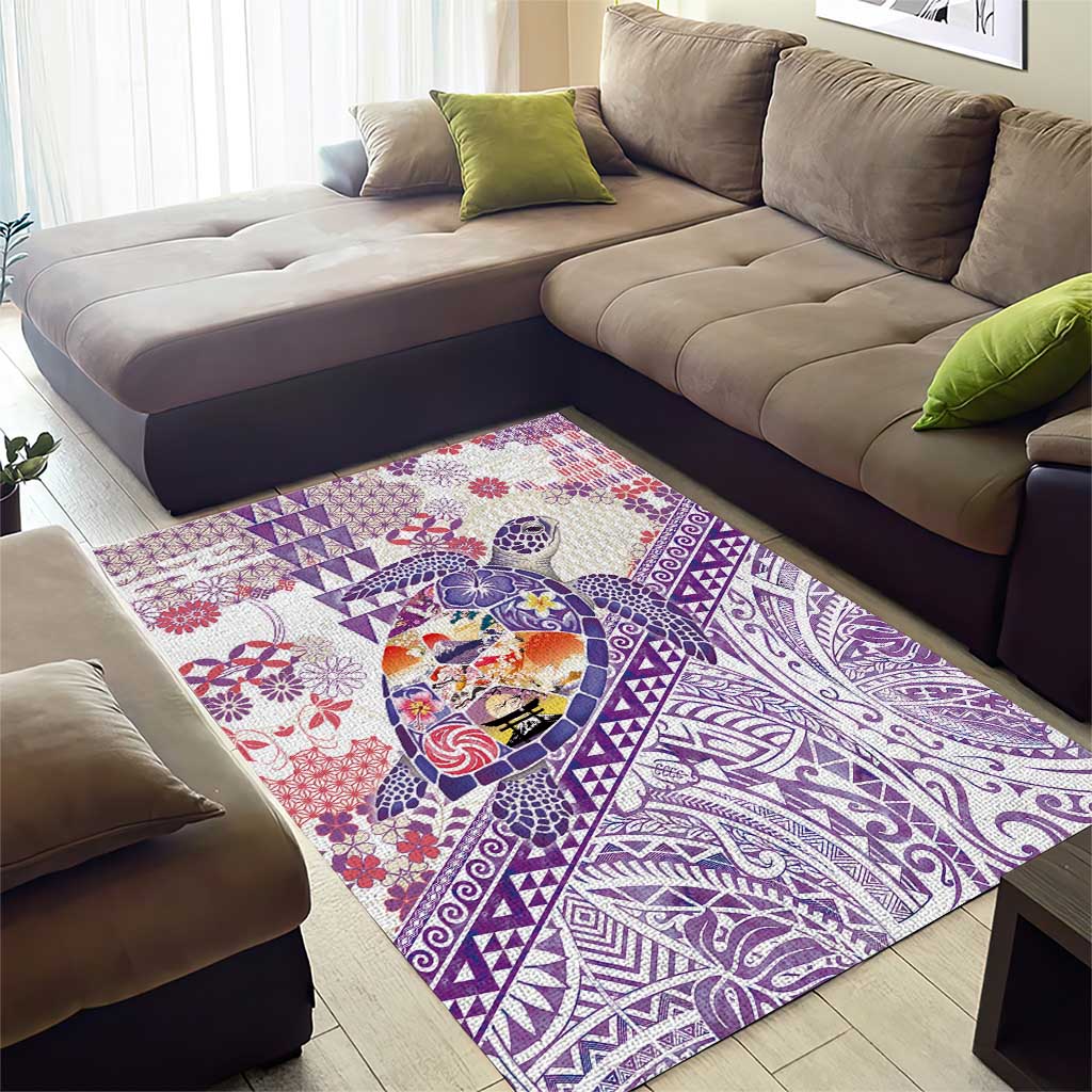 Hawaiian and Japanese Culture Together Area Rug Tropical Honu with Japanese Elements Purple Color