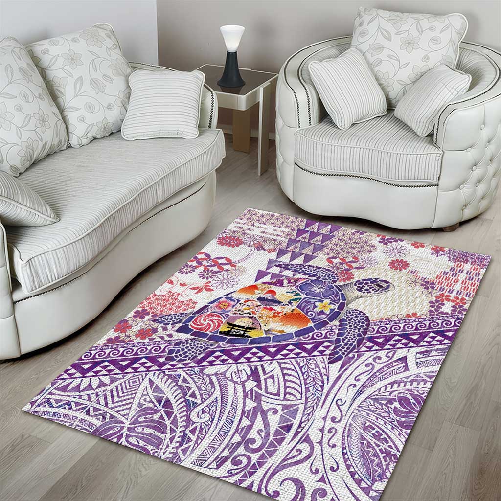 Hawaiian and Japanese Culture Together Area Rug Tropical Honu with Japanese Elements Purple Color