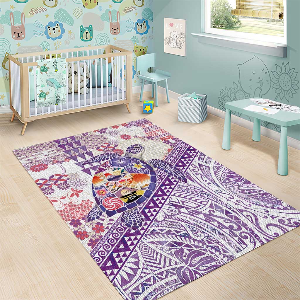 Hawaiian and Japanese Culture Together Area Rug Tropical Honu with Japanese Elements Purple Color