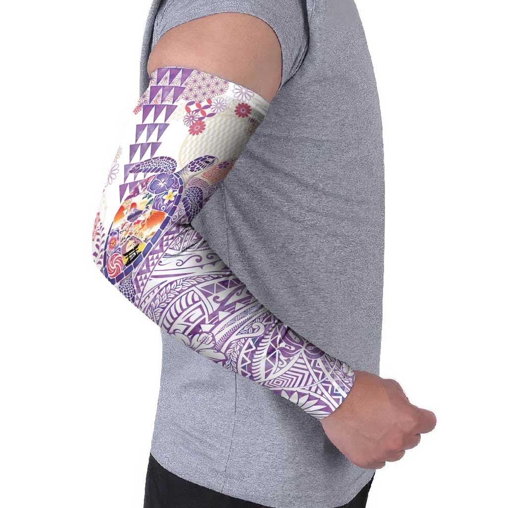 Hawaiian and Japanese Culture Together Arm Sleeves Tropical Honu with Japanese Elements Purple Color