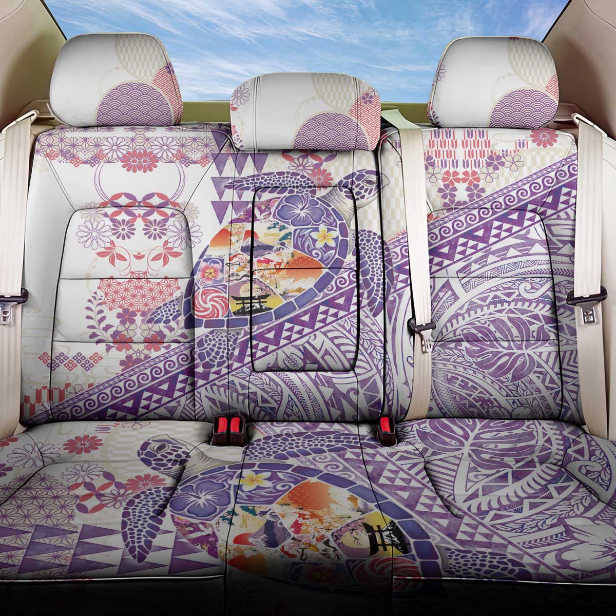 Hawaiian and Japanese Culture Together Back Car Seat Cover Tropical Honu with Japanese Elements Purple Color