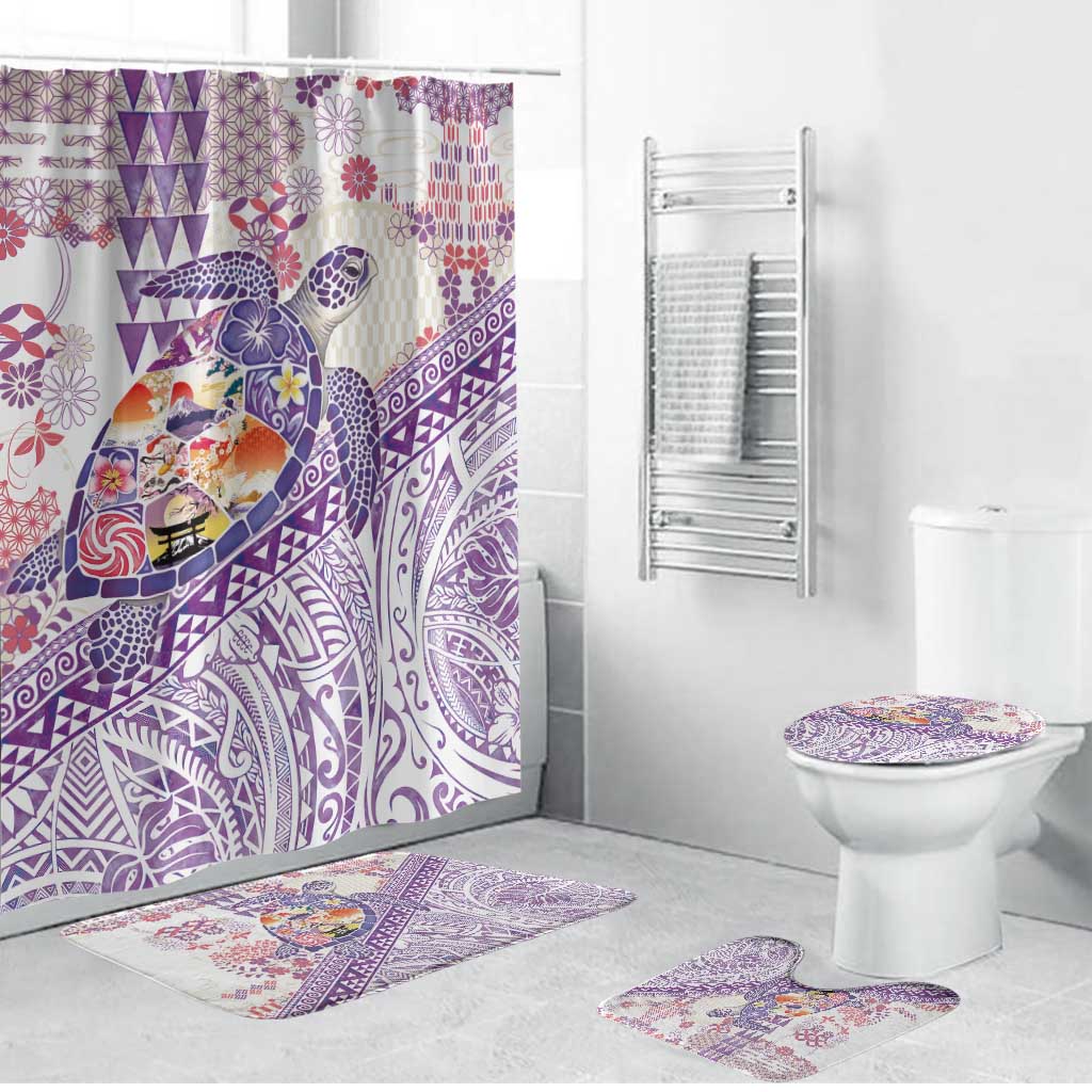 Hawaiian and Japanese Culture Together Bathroom Set Tropical Honu with Japanese Elements Purple Color