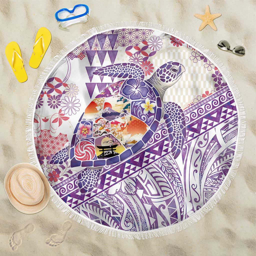 Hawaiian and Japanese Culture Together Beach Blanket Tropical Honu with Japanese Elements Purple Color