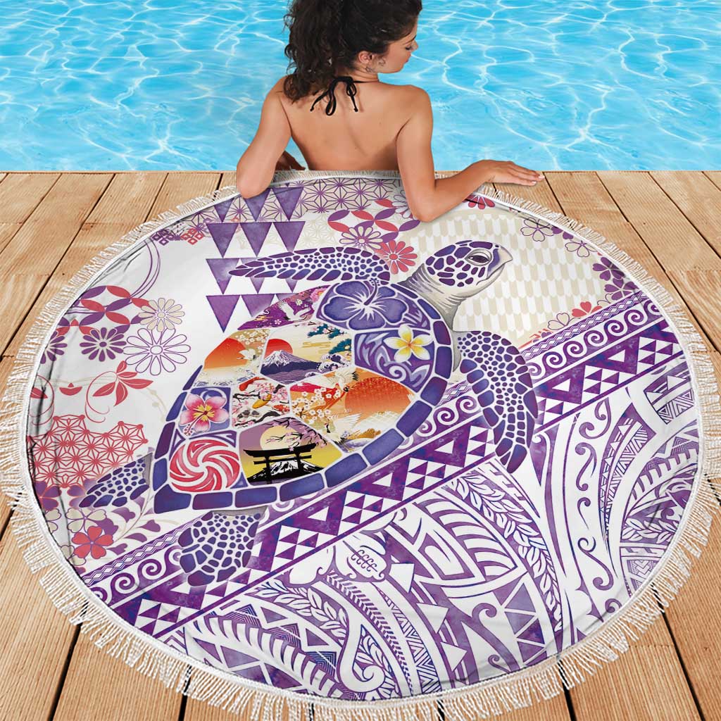 Hawaiian and Japanese Culture Together Beach Blanket Tropical Honu with Japanese Elements Purple Color