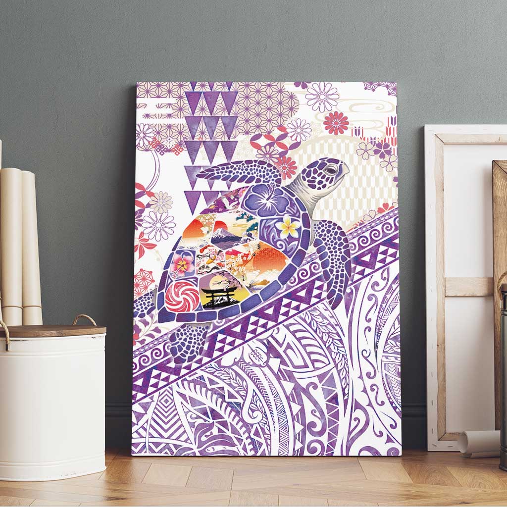 Hawaiian and Japanese Culture Together Canvas Wall Art Tropical Honu with Japanese Elements Purple Color