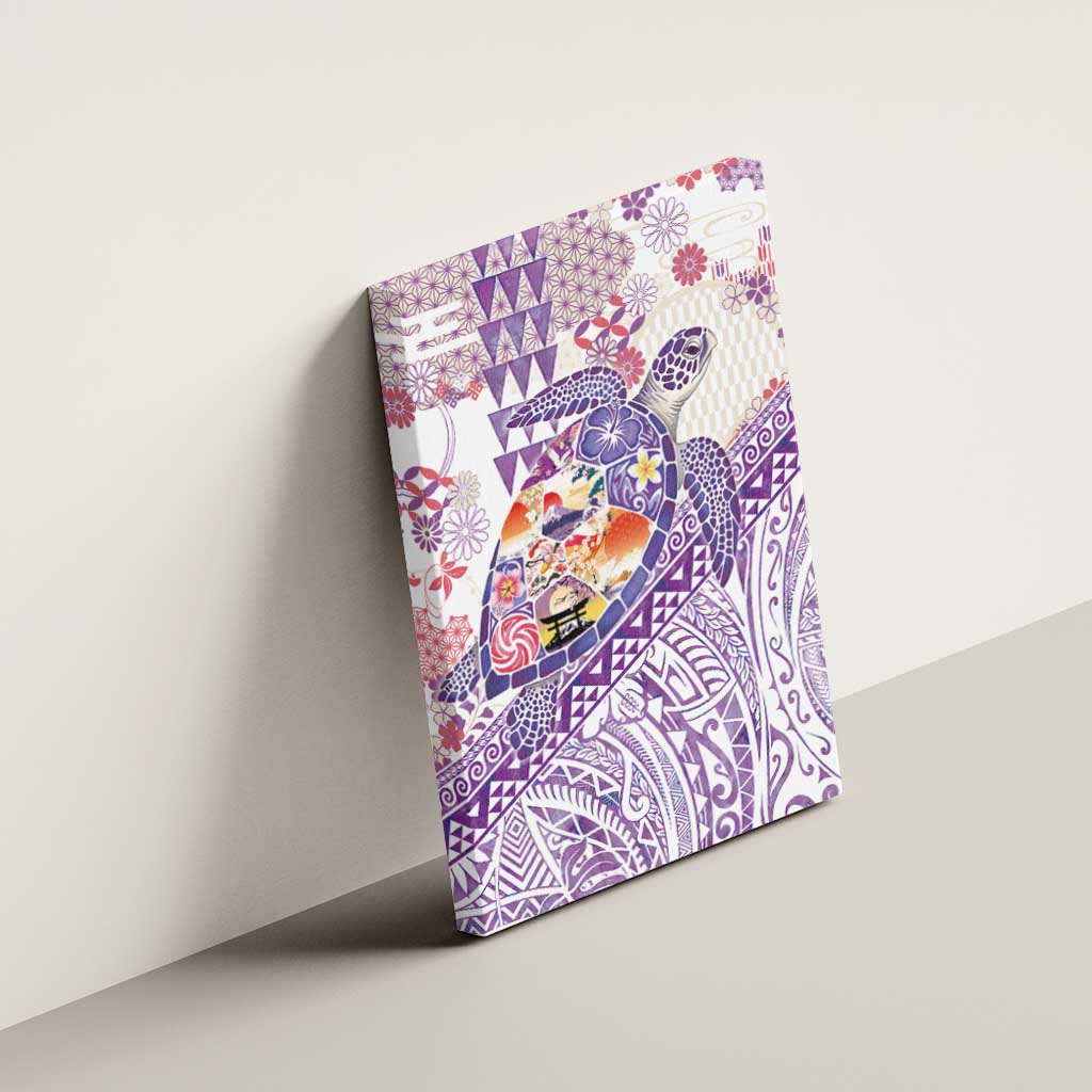 Hawaiian and Japanese Culture Together Canvas Wall Art Tropical Honu with Japanese Elements Purple Color