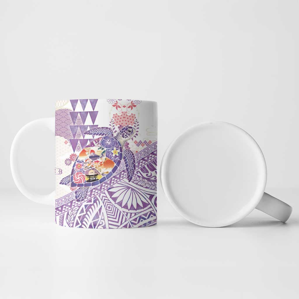 Hawaiian and Japanese Culture Together Ceramic Mug Tropical Honu with Japanese Elements Purple Color