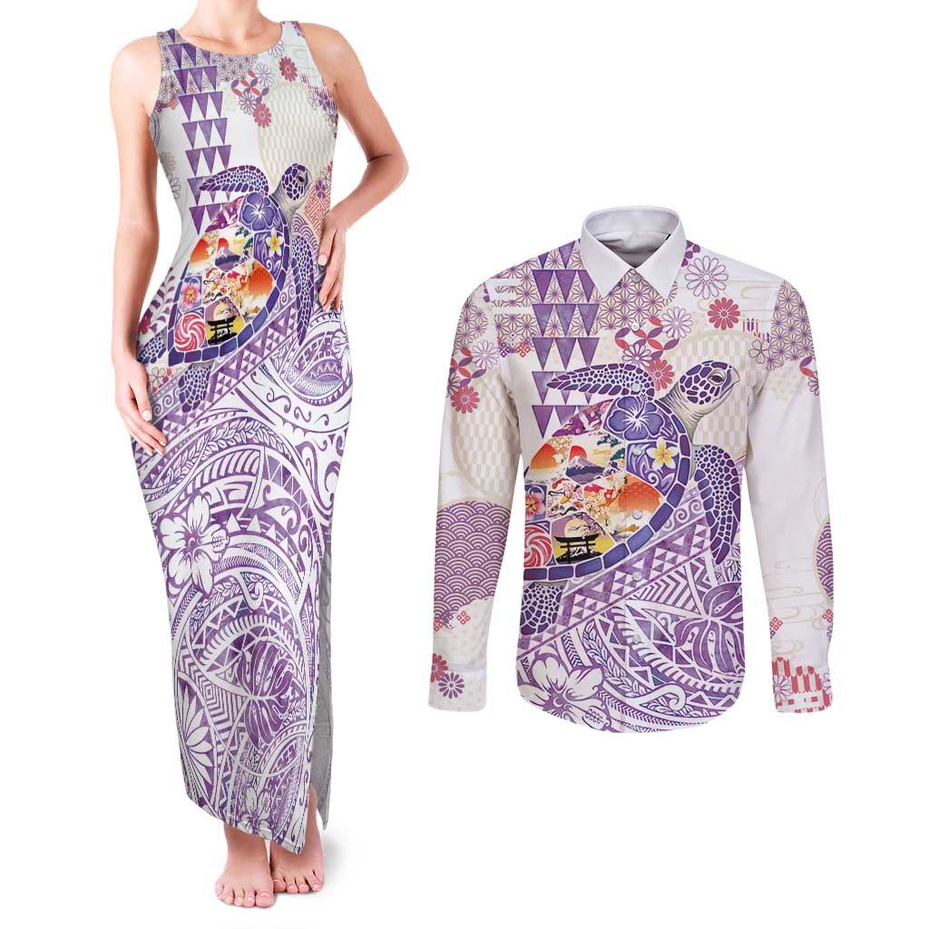 Hawaiian and Japanese Culture Together Couples Matching Tank Maxi Dress and Long Sleeve Button Shirt Tropical Honu with Japanese Elements Purple Color LT03 Purple - Polynesian Pride