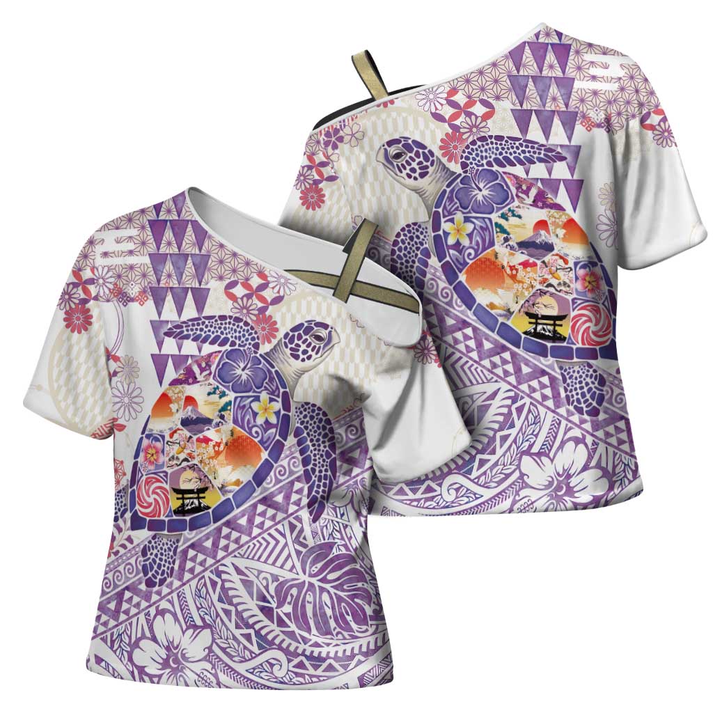 Hawaiian and Japanese Culture Together Cross Shoulder Shirt Tropical Honu with Japanese Elements Purple Color