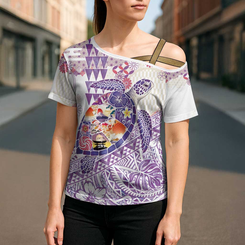 Hawaiian and Japanese Culture Together Cross Shoulder Shirt Tropical Honu with Japanese Elements Purple Color