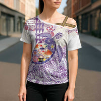 Hawaiian and Japanese Culture Together Cross Shoulder Shirt Tropical Honu with Japanese Elements Purple Color