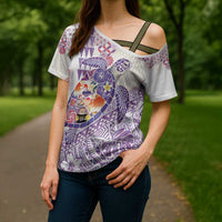 Hawaiian and Japanese Culture Together Cross Shoulder Shirt Tropical Honu with Japanese Elements Purple Color