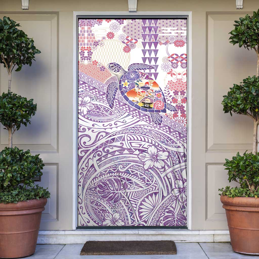 Hawaiian and Japanese Culture Together Door Cover Tropical Honu with Japanese Elements Purple Color