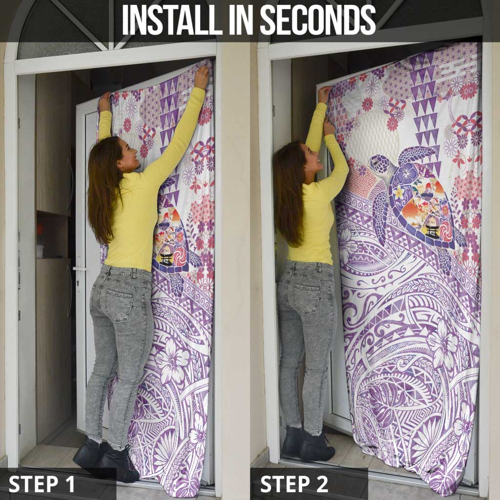 Hawaiian and Japanese Culture Together Door Cover Tropical Honu with Japanese Elements Purple Color