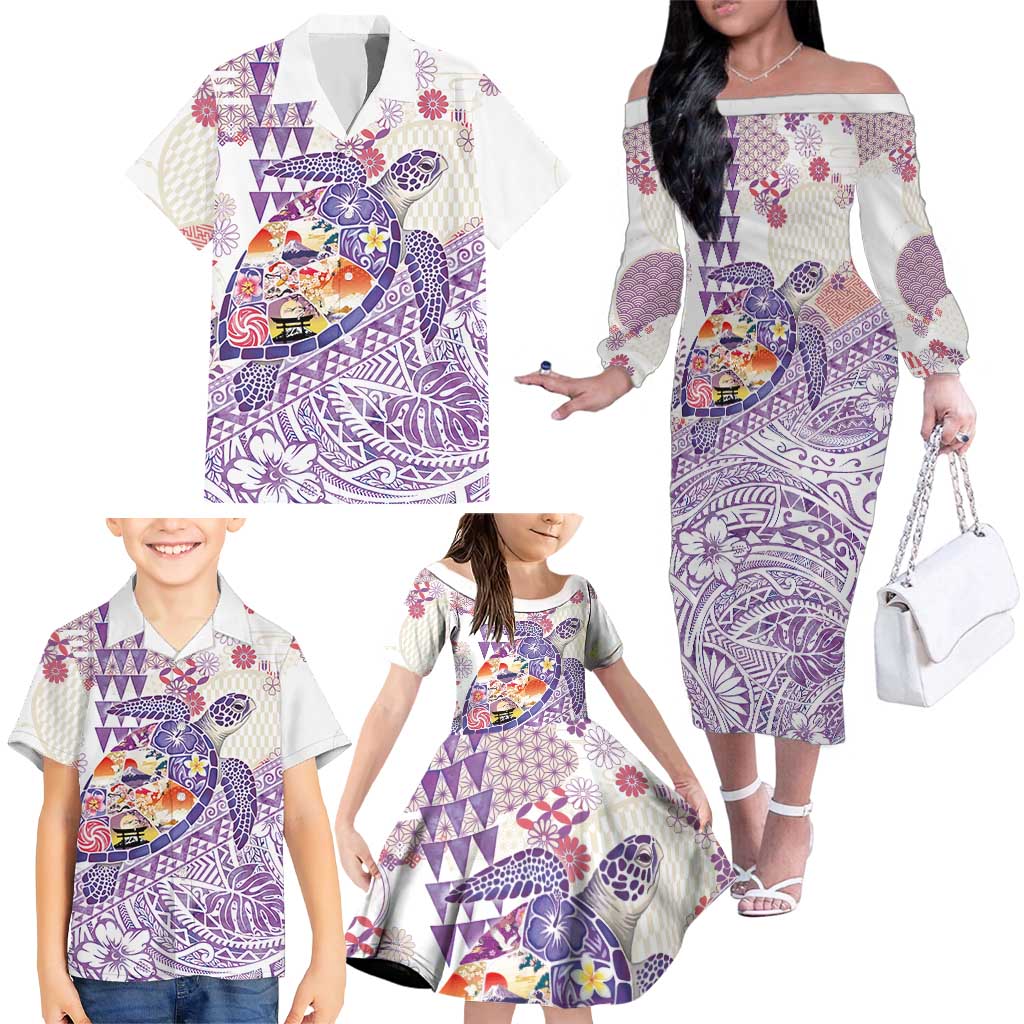 Hawaiian and Japanese Culture Together Family Matching Off The Shoulder Long Sleeve Dress and Hawaiian Shirt Tropical Honu with Japanese Elements Purple Color LT03 - Polynesian Pride