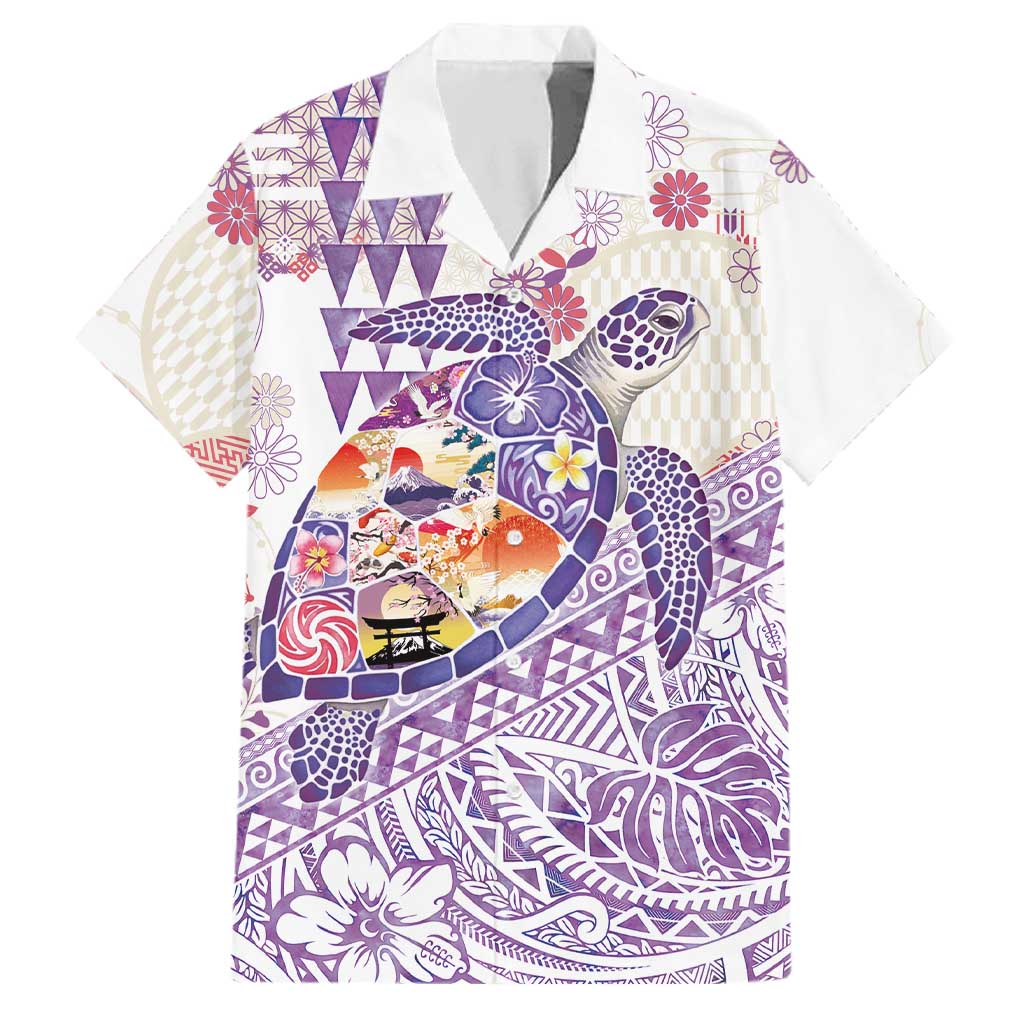 Hawaiian and Japanese Culture Together Family Matching Off The Shoulder Long Sleeve Dress and Hawaiian Shirt Tropical Honu with Japanese Elements Purple Color LT03 Dad's Shirt - Short Sleeve Purple - Polynesian Pride