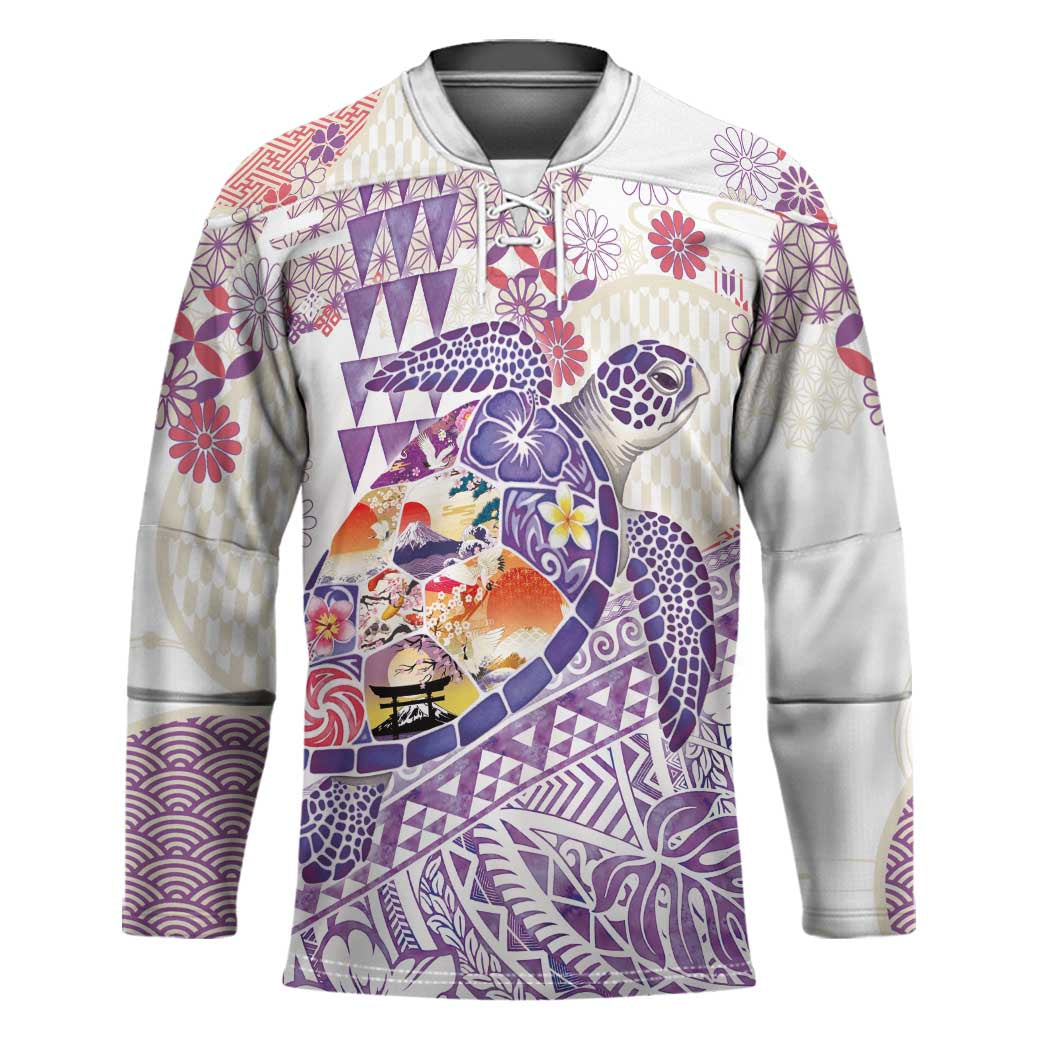 Hawaiian and Japanese Culture Together Hockey Jersey Tropical Honu with Japanese Elements Purple Color