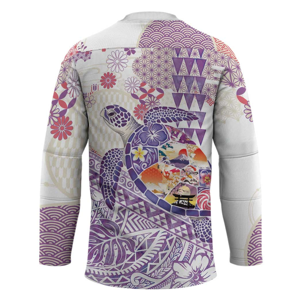 Hawaiian and Japanese Culture Together Hockey Jersey Tropical Honu with Japanese Elements Purple Color