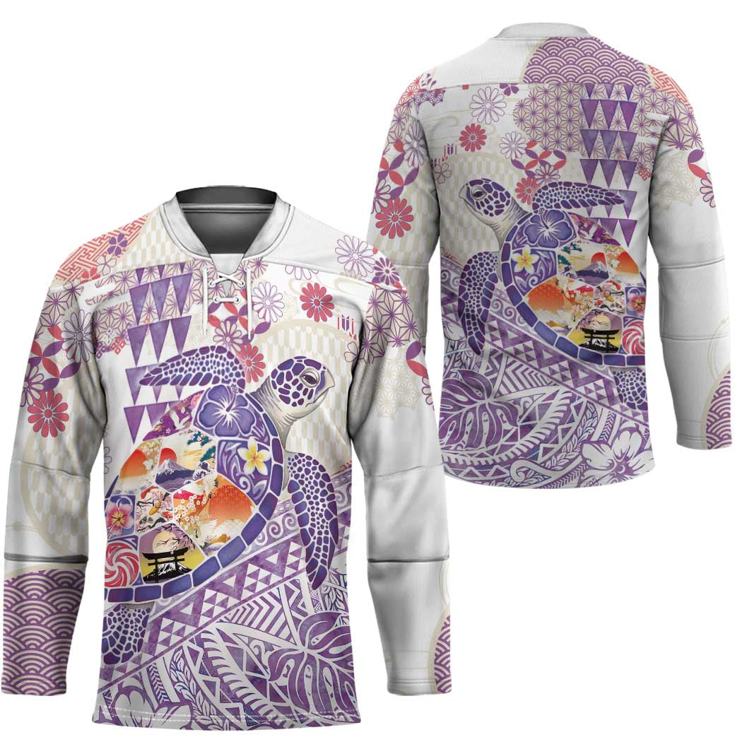 Hawaiian and Japanese Culture Together Hockey Jersey Tropical Honu with Japanese Elements Purple Color