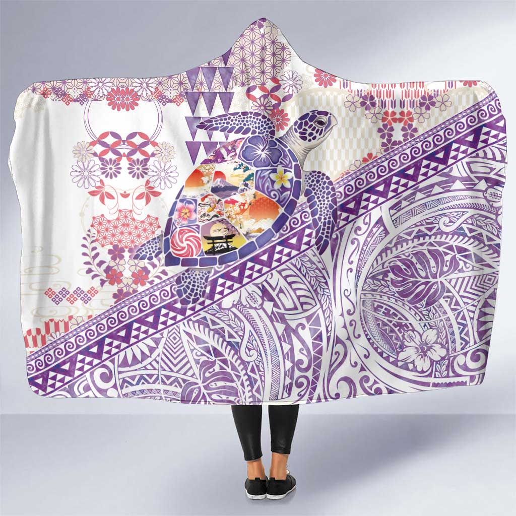 Hawaiian and Japanese Culture Together Hooded Blanket Tropical Honu with Japanese Elements Purple Color