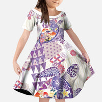 Hawaiian and Japanese Culture Together Kid Short Sleeve Dress Tropical Honu with Japanese Elements Purple Color