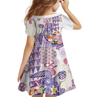 Hawaiian and Japanese Culture Together Kid Short Sleeve Dress Tropical Honu with Japanese Elements Purple Color